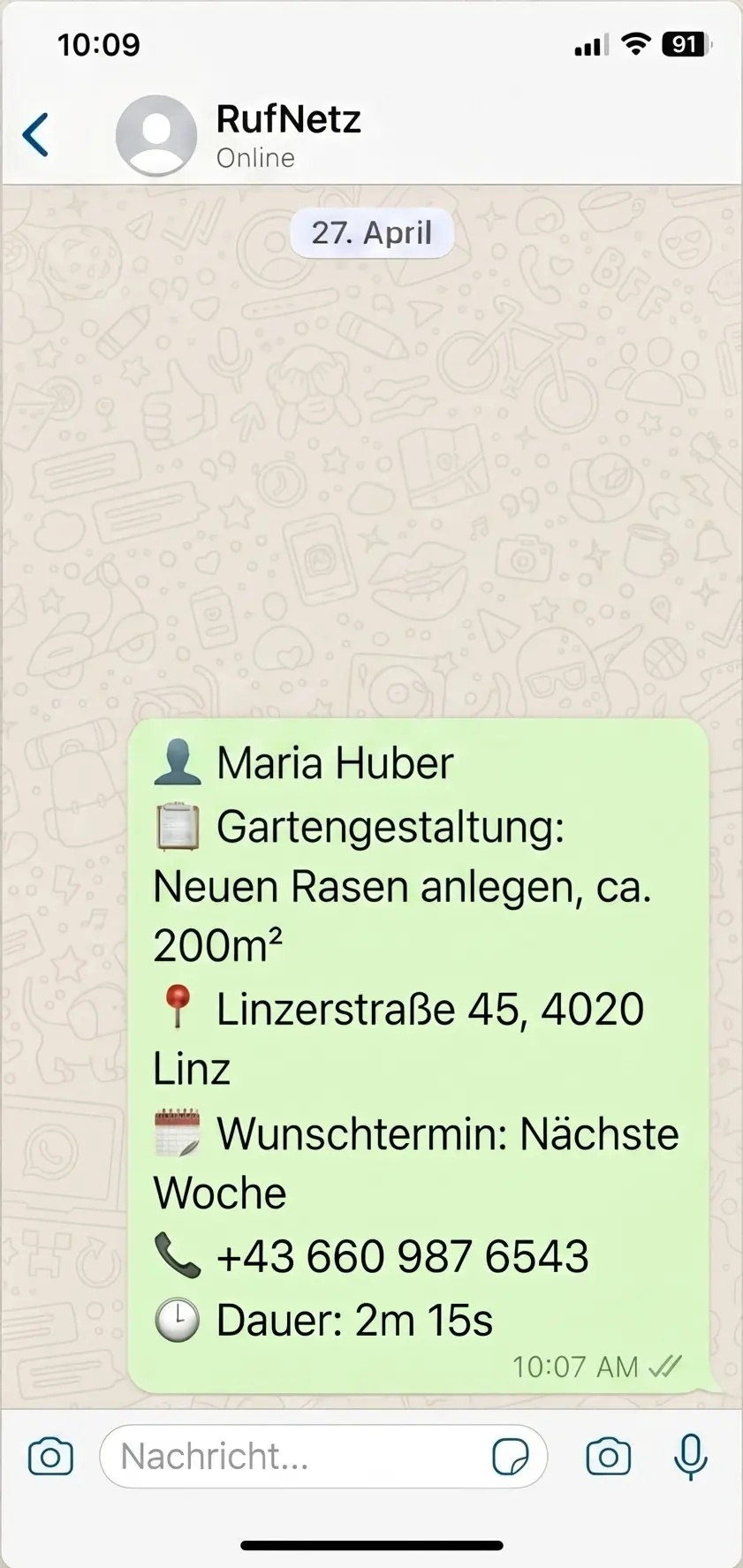 WhatsApp Briefing — Strukturierte Nachricht mit allen Details