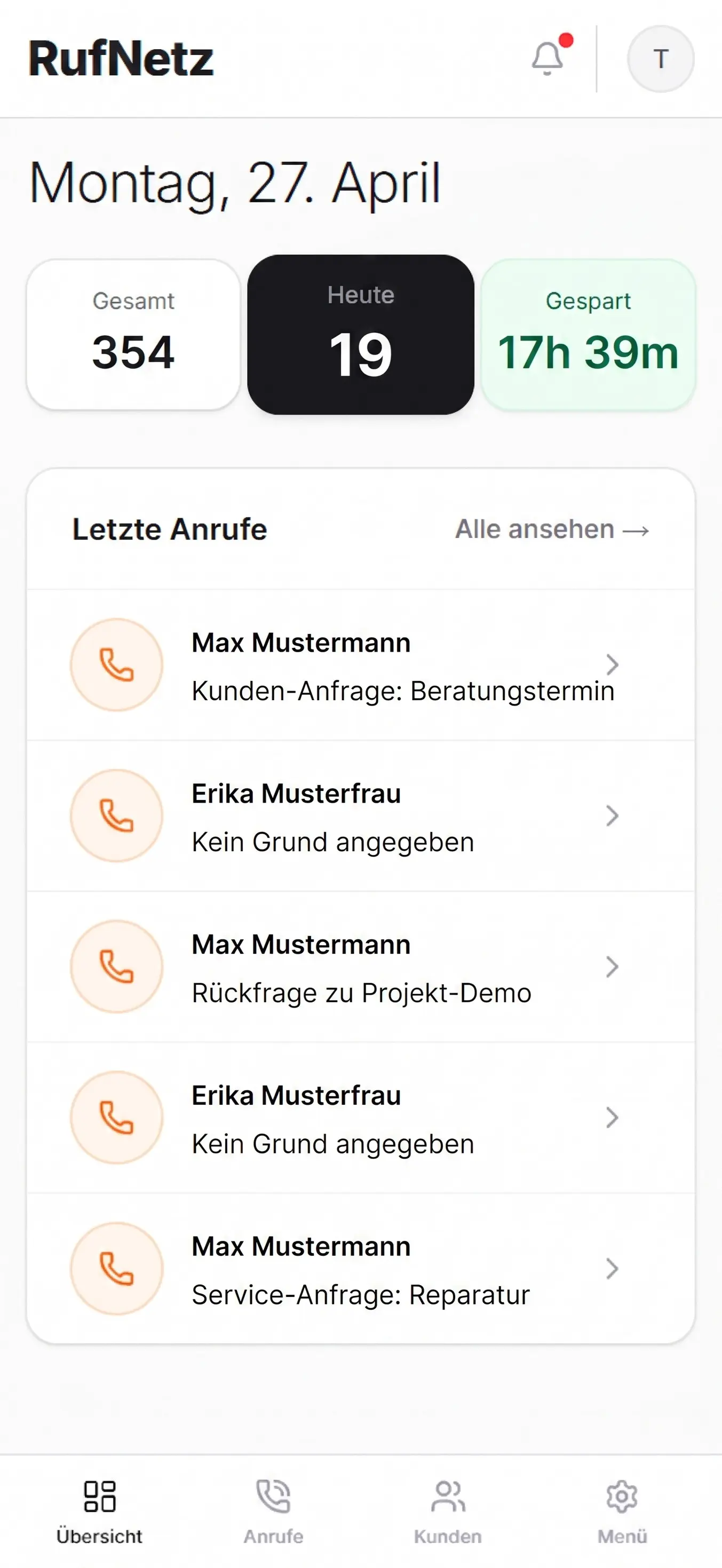 RufNetz Dashboard — Übersicht mit Metriken und letzten Anrufen