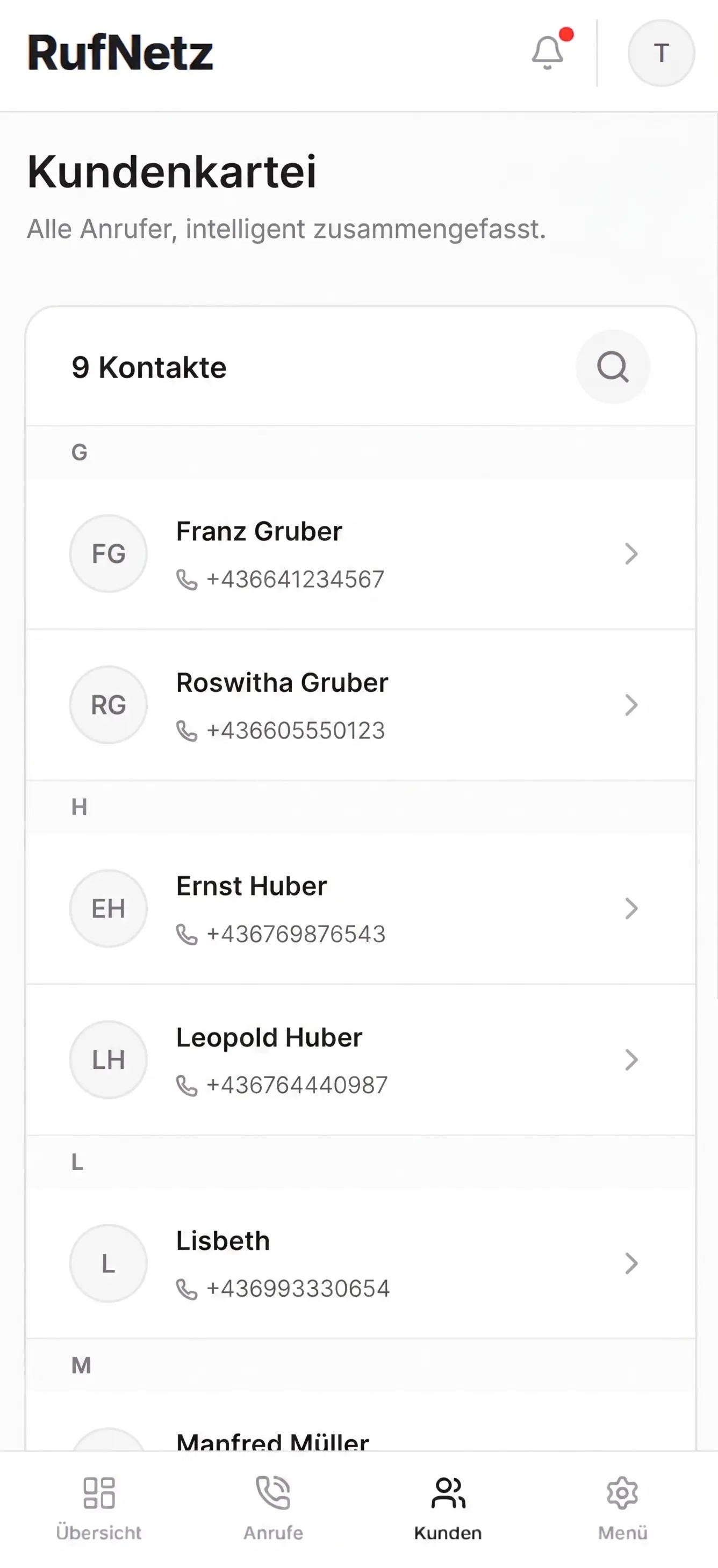 RufNetz Kundenkartei — Automatisch angelegte Kontakte